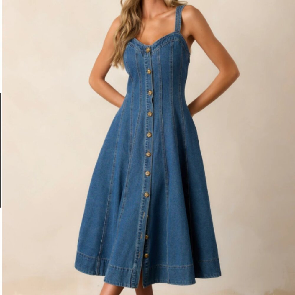 Denim Button-Front Midi Dress - Blue